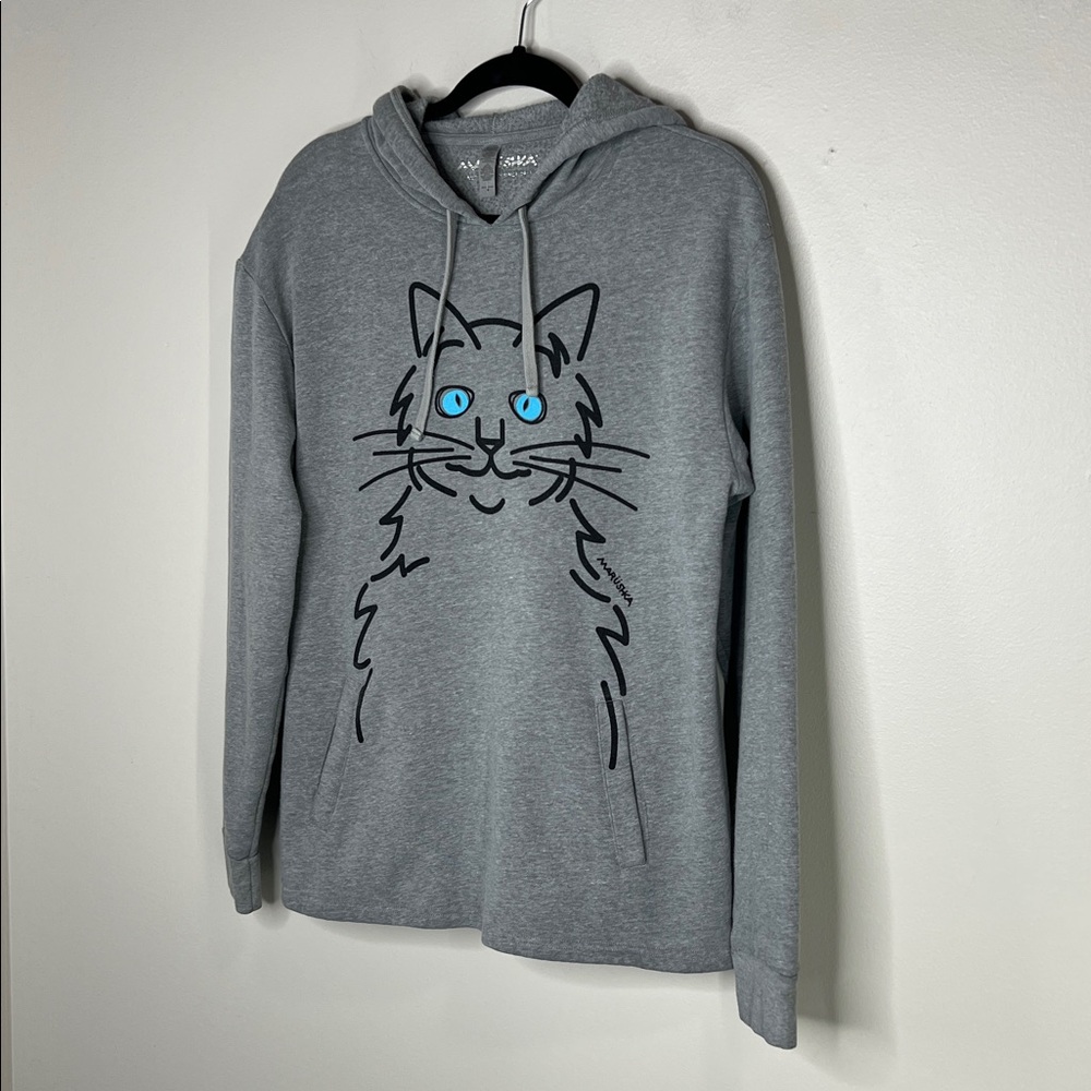Marushka Blue Eyed Cat Whimsical Wearable Art gray pullover hoodie size Medium - Picture 3 of 15